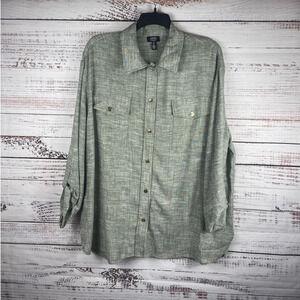 Jones New York Women's Solid Green Linen Button Front Long Blouse Size XL